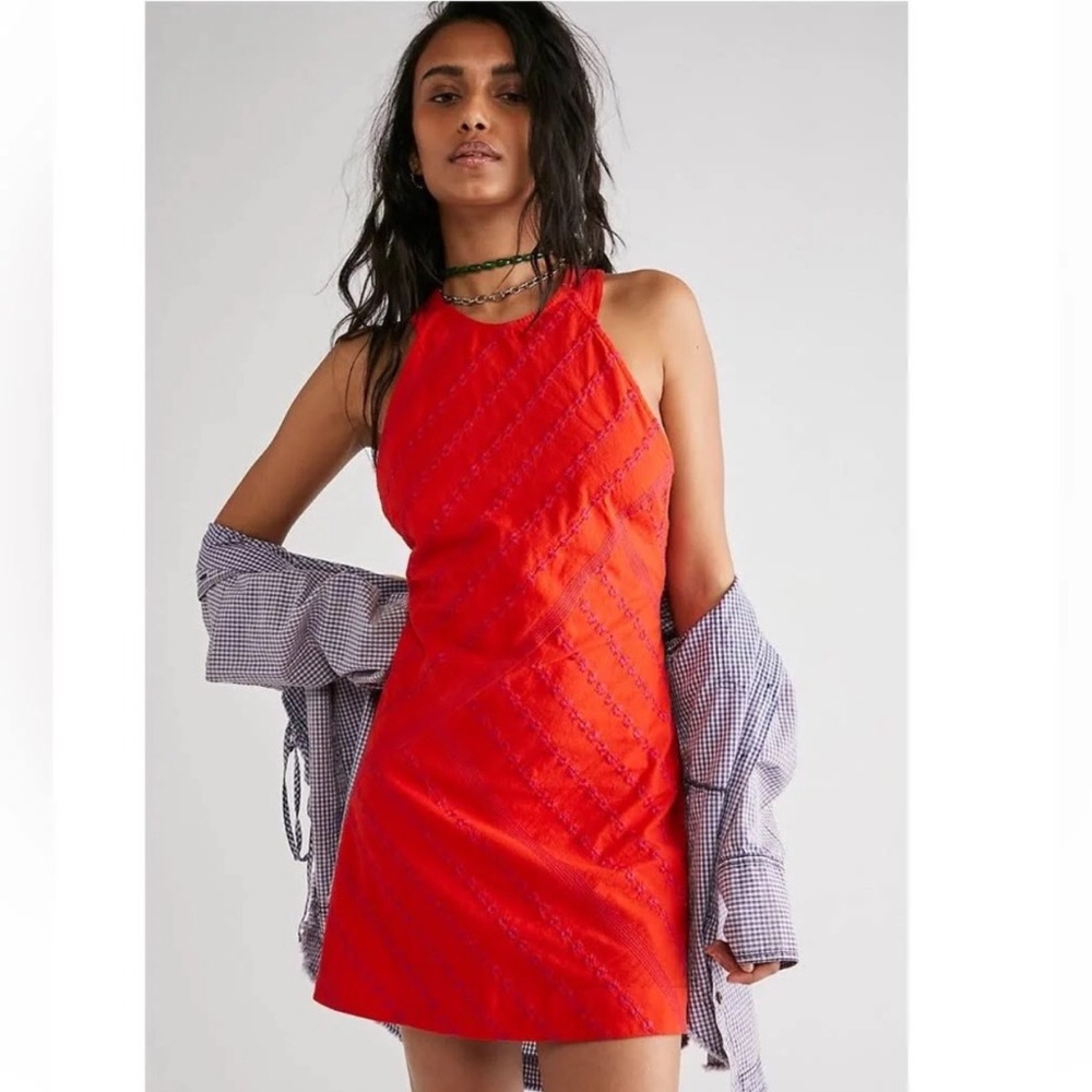 Free People! Juni Embroidered Backless Halter Mini Dress in Strawberry Spritz